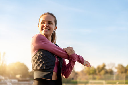 Fitness young adult woman warming up before outdoor workout.