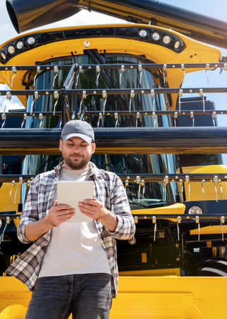 Agricultural equipment dealer or supplier. Caucasian man in plaid shirt stands next to combine...