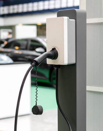 Electric vehicle charging station in underground parkingの写真素材