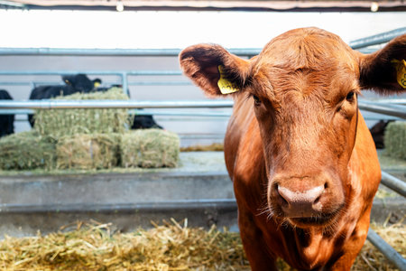 red devon, cow, farm, livestock, farming, agriculture, animal husbandry, reddish, portrait, looking, front view, cowshed, cattle, dairy cattle, dairy farm, head,の写真素材