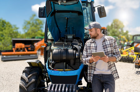 Male farmer using digital tablet to inspect tractor engine with modern technology. Agricultural machinery diagnostics.の写真素材