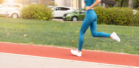 Fit female athlete running on running track in city.