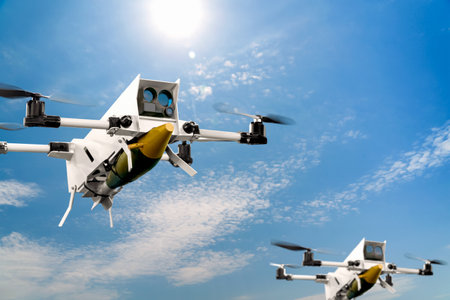 Weaponized FPV drone in flight carrying aerial bomb during military operation