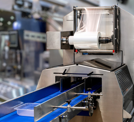Food packaging machine with empty eco-friendly plastic containers and rolled up plastic filmの写真素材