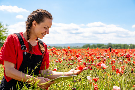 Field ecologist from local rewilding initiative with digital tablet on field of common poppy.