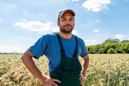 Portrait of smiling male farmer in bib overalls standing by cereal fieldの写真素材