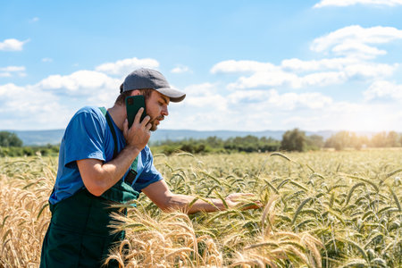 Male farmer examining cereal crop and speaking on phone about harvest planning