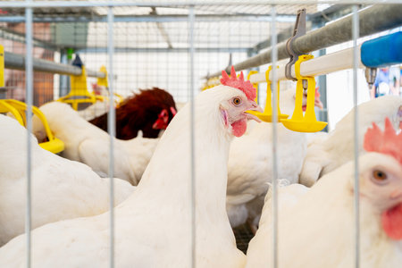 White chicken drinking from water dispenser system at poultry farm