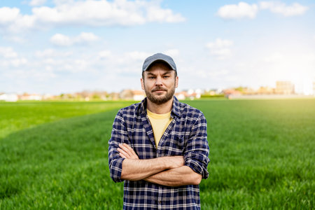 Portrait of rural man with crossed arms on background of green agricultural field.の写真素材