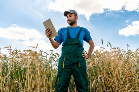 Farmer inspecting cereal crop growth with digital tablet in field. Precision agriculture technology