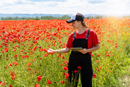 Female environmental scientist with tablet standing by red poppy field in nature. Nature...