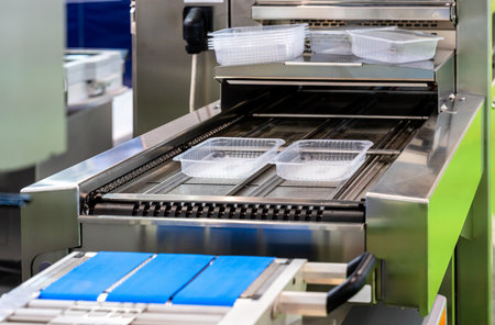 Recyclable plastic containers for product packaging on production line of sealing food machineの写真素材