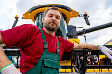 Low angle portrait of farm machinery operator by combine harvesterの写真素材