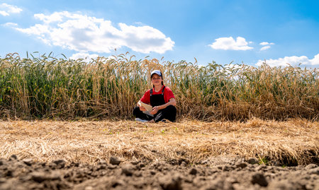 Young woman farmer with tablet resting on ground in shade by cereal field in countryside