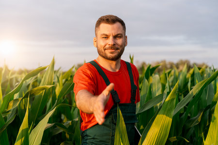 Confident agricultural worker offering handshake in corn fieldの写真素材