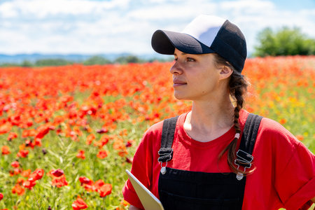 Female restoration ecologist with tablet in wild poppy rewilded fieldの写真素材