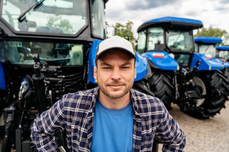 Wide-angle portrait of male farm worker standing in front of blue tractors at equipment dealershipの写真素材