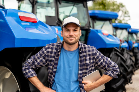 Smiling modern farmer with tablet standing in front of tractors in a row at equipment dealership