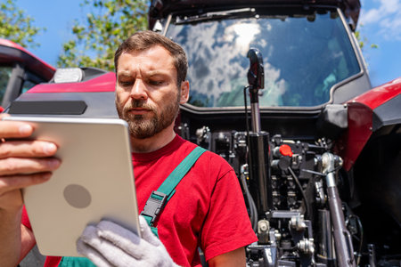 Man agricultural mechanic using digital tablet near tractor outdoors in countryside
