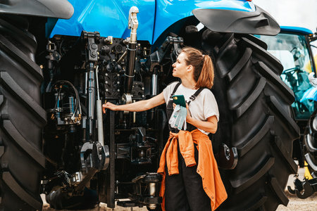 Female mechanic with smartphone standing near tractor.の写真素材