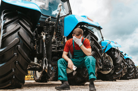 Sad and tired male farmer sitting by tractorsの写真素材