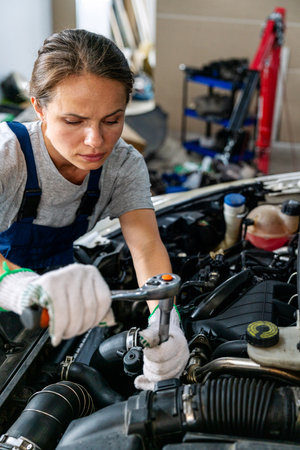 Female auto mechanic repairing car in local  repair shop.