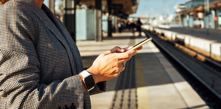 Smartphone in hands of female commuter on railroad platform station