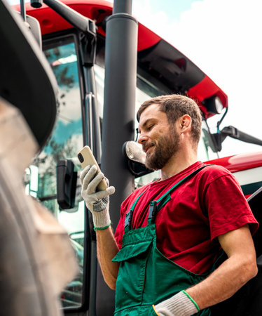 A male agricultural worker using his smartphone near the tractor outdoors.