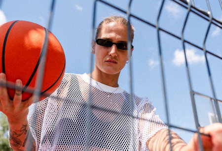 Urban woman in sunglasses with basketball looking through court fence.