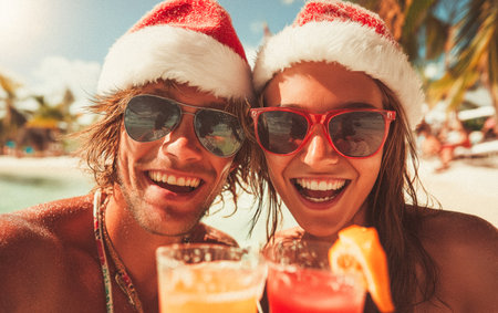 Couple in santa hats drinking cocktails on the beach. Christmas and New Year concept.の素材
