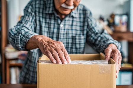 Senior man with a mustache packing or unpacking box at home. Senior lifestyle concept.の素材