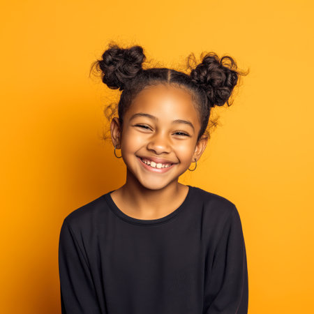 Portrait of a smiling african american little girl on yellow backgroundの素材
