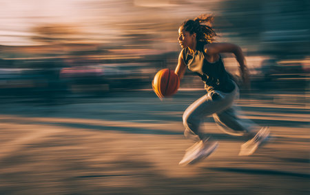 Young woman basketball player running with a ball in motion. Motion-blurred background.の素材