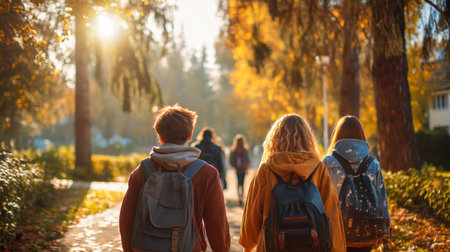 Back view of a group of students friends with backpacks walking in the autumn park.の素材