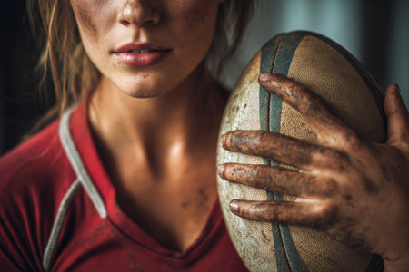 Portrait of a young female rugby player holding a rugby ball.の素材