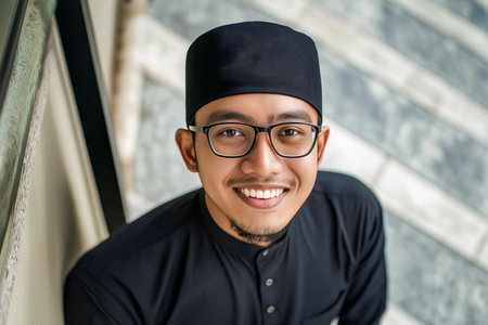 Portrait of young Asian muslim student man wearing eyeglassesの素材