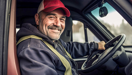 Portrait of smiling senior man driving his trailer. He is looking at camera and smiling.の素材