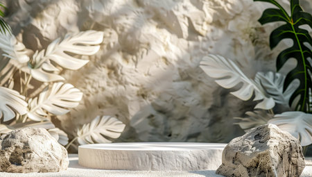 White marble podium on the background of tropical leaves. Minimal design.の素材