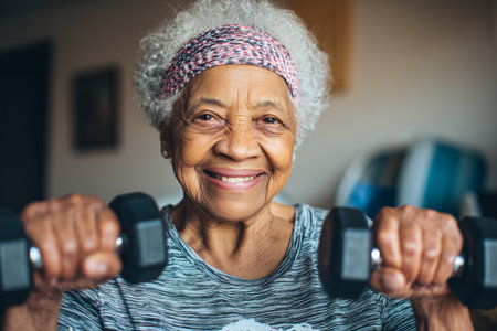 Portrait of smiling senior woman exercising with dumbbells at homeの素材