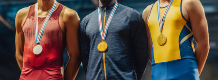 Close-up of a group of athletes with medals on their shouldersの素材