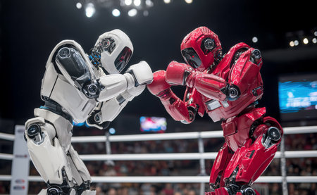 Two robots fighting in the boxing match between AI and AI in the winner takes it all event in boxing.の素材