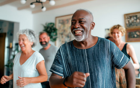 Portrait of happy senior people doing group aerobicの素材