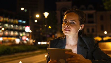Urban woman with computer tablet on city street at night.の写真素材