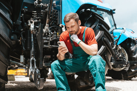 Rural man sitting near tractor outdoors and holding smartphone.