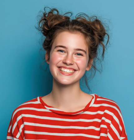 Portrait of a beautiful smiling young female on a blue background.の素材