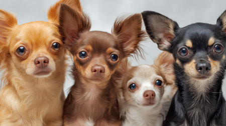 Group of chihuahua and toy terrirs dogs on gray background, close upの素材