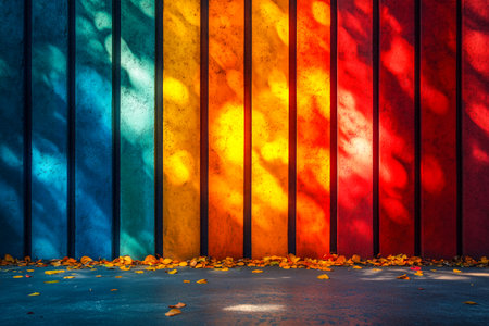 Colorful autumn leaves on the background of the old wooden wall.の素材