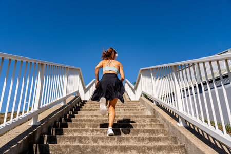 Active woman running up stairs outdoors for a workout.の写真素材
