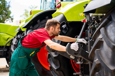 Male agricultural machinery mechanic examining tractorの写真素材