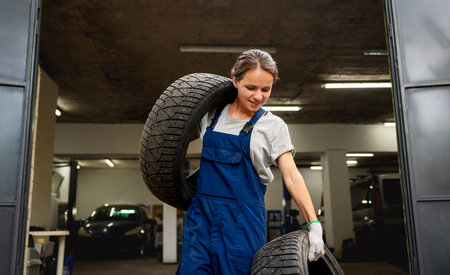 Female tire technician carrying tires in tire service shopの写真素材